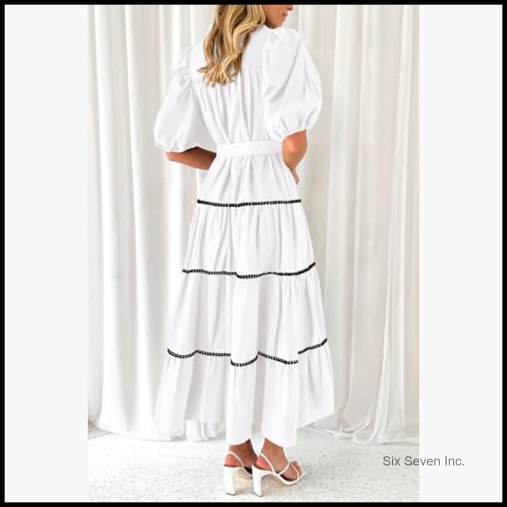 Viscose Polyester Polyamide Maxi Dress with Puffy Sleeves and Pockets - Picture 2 of 7